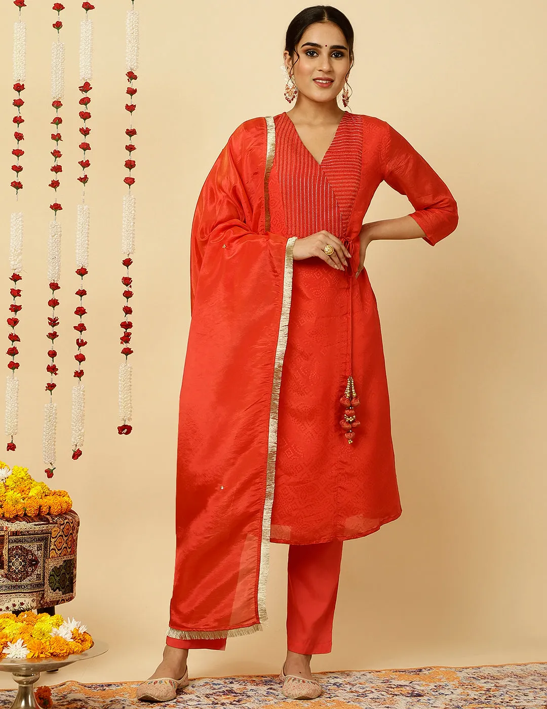 Red A-line Silk Kantha Work Kurta With Pants And Dupatta