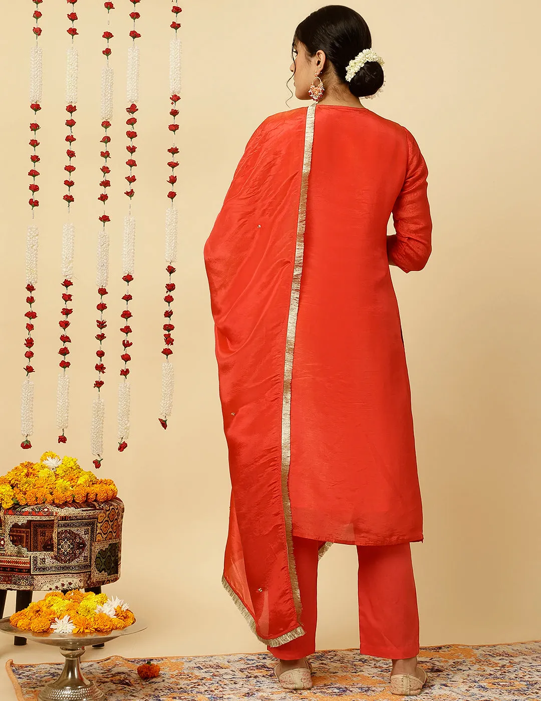 Red A-line Silk Kantha Work Kurta With Pants And Dupatta