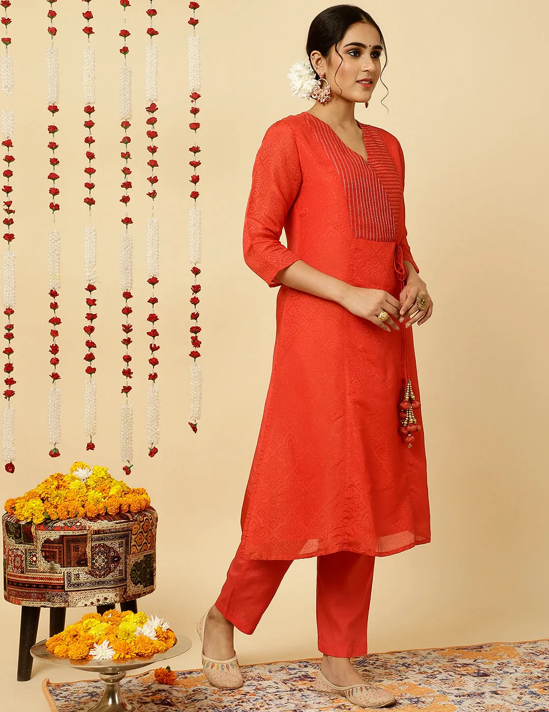 Red A-line Silk Kantha Work Kurta With Pants And Dupatta