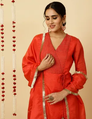 Red A-line Silk Kantha Work Kurta With Pants And Dupatta