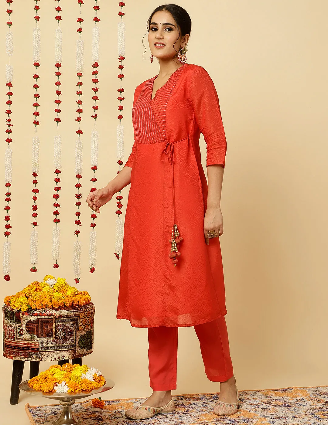 Red A-line Silk Kantha Work Kurta With Pants And Dupatta