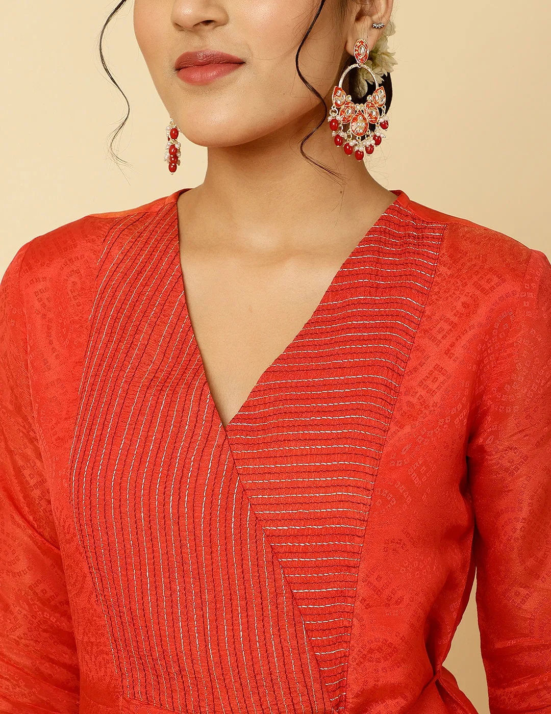 Red A-line Silk Kantha Work Kurta With Pants And Dupatta