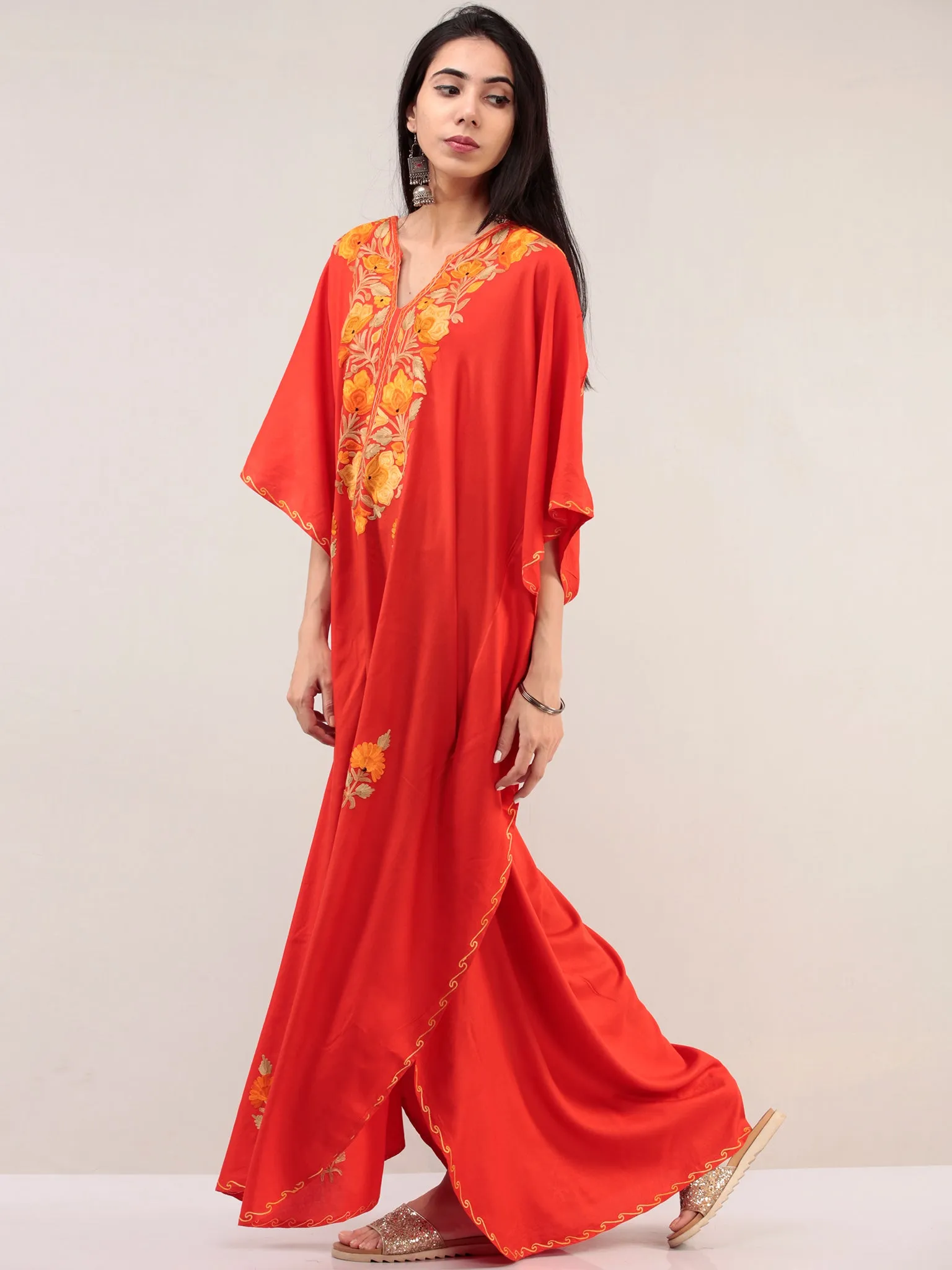 Red Aari Embroidered Kashmere Free Size Kaftan  - K12K069