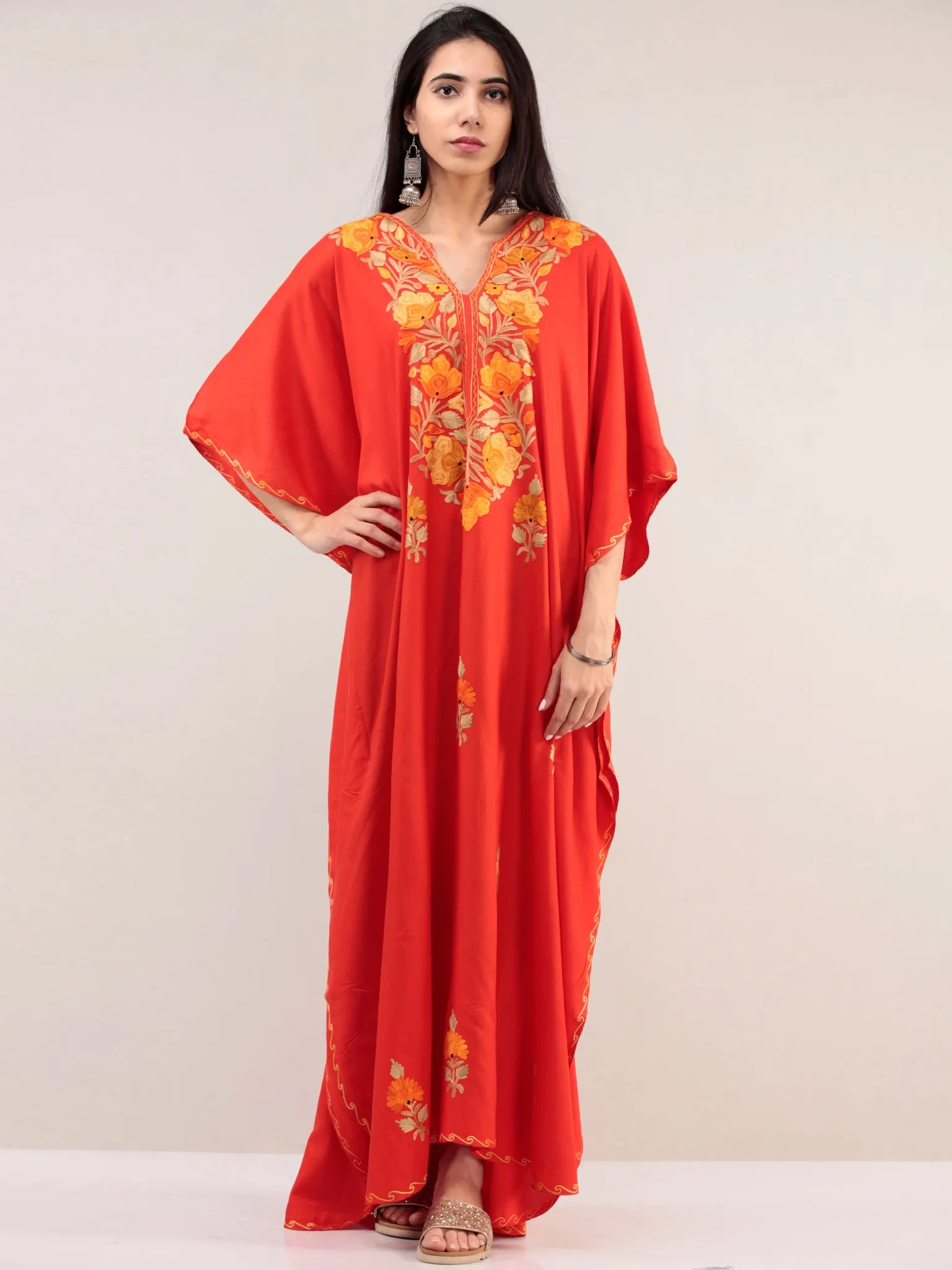 Red Aari Embroidered Kashmere Free Size Kaftan  - K12K069