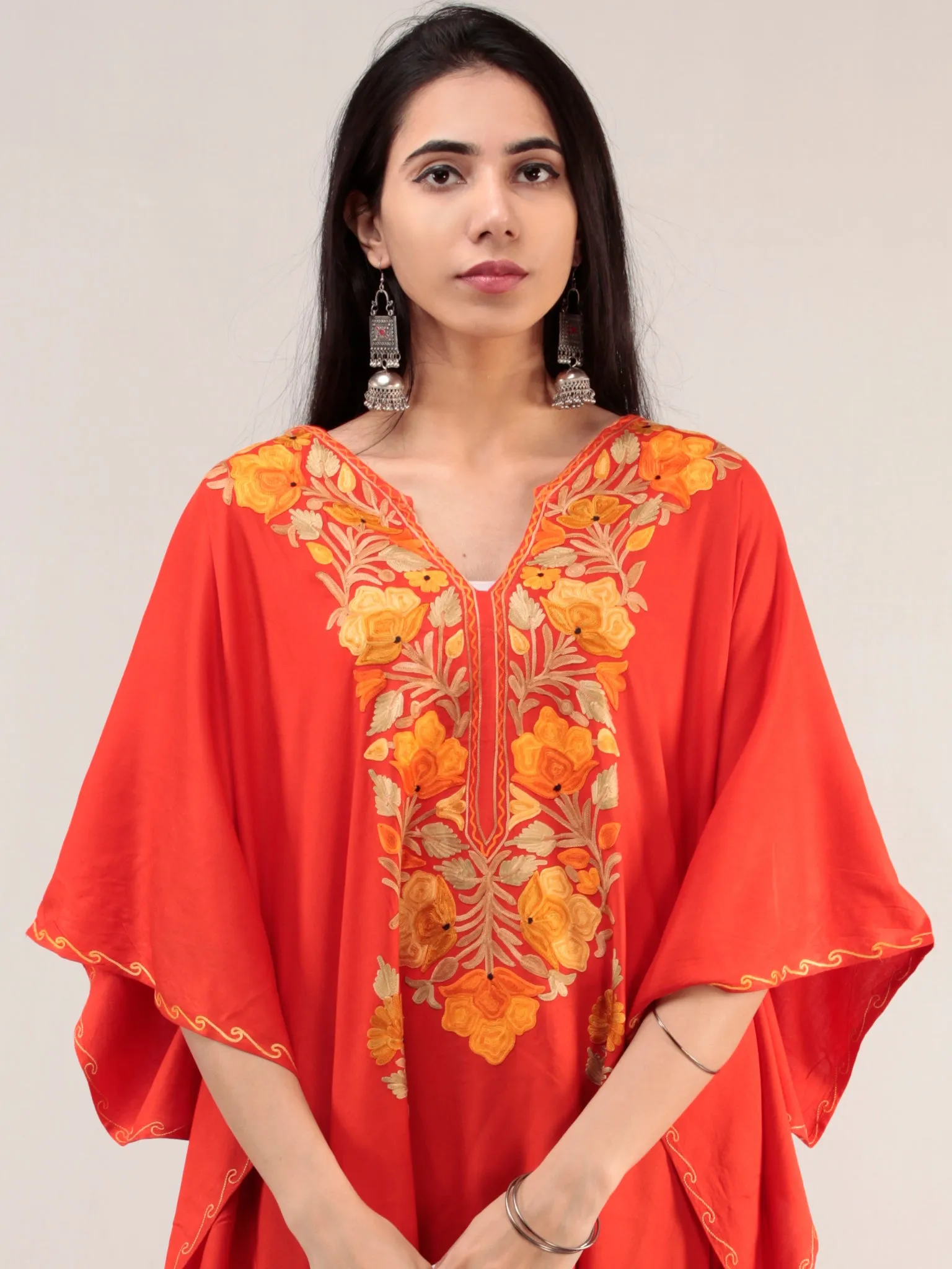 Red Aari Embroidered Kashmere Free Size Kaftan  - K12K069