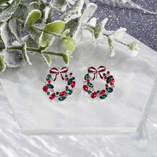 Red & Green Sparkling Crystal Silver Holiday Wreath Studs