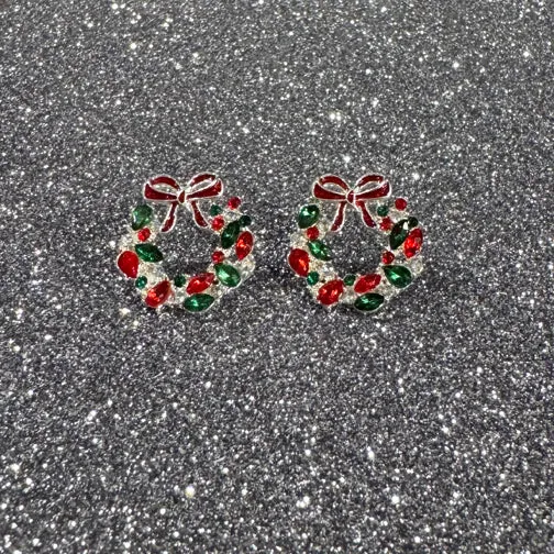 Red & Green Sparkling Crystal Silver Holiday Wreath Studs