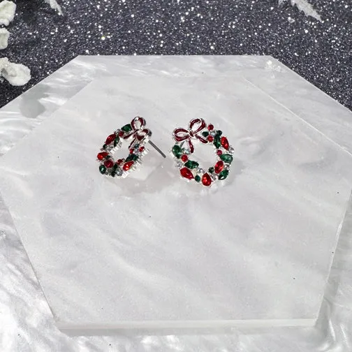 Red & Green Sparkling Crystal Silver Holiday Wreath Studs