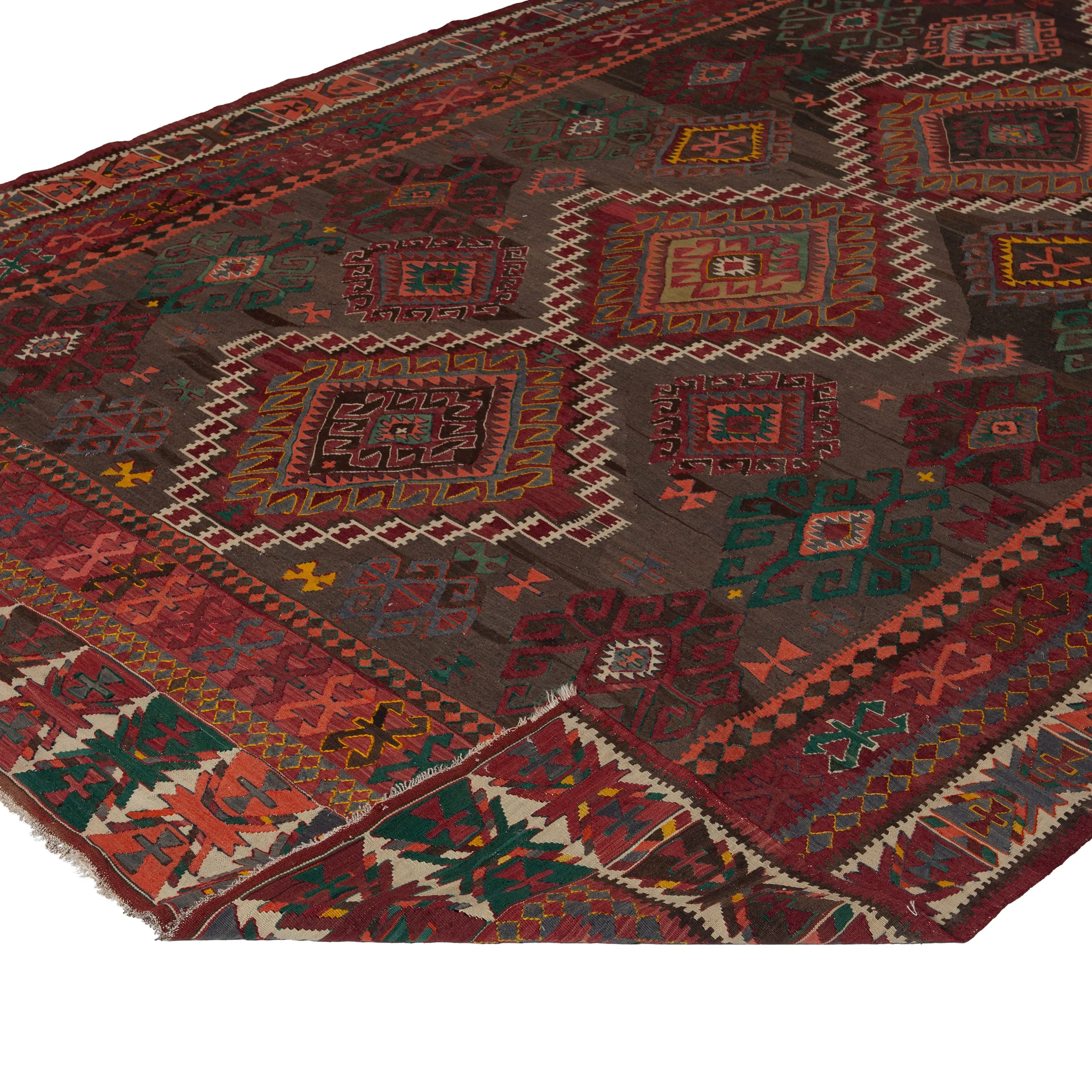 Red & Green Vintage Flatweave Anatolian Wool Rug - 6'8" x 9'11"