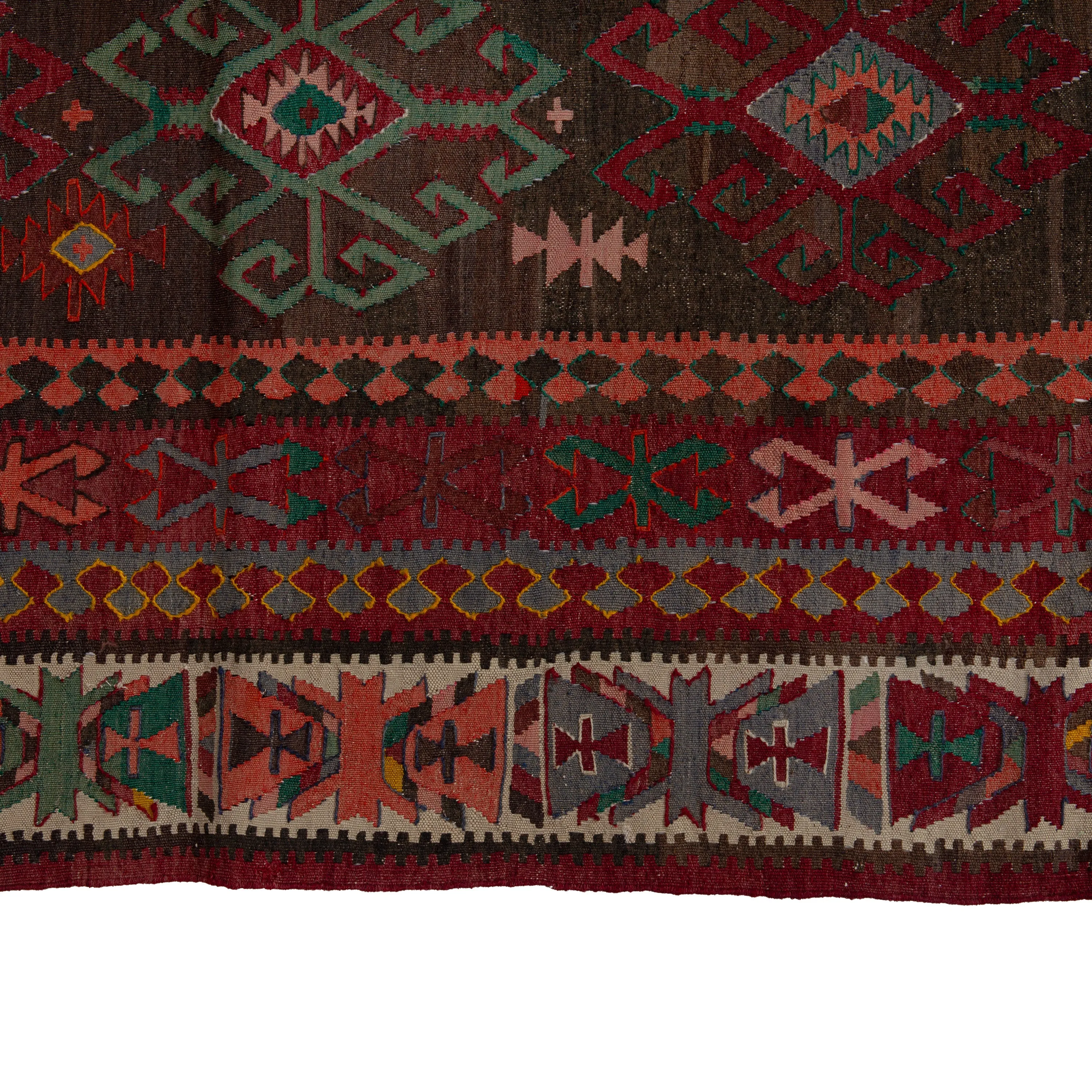 Red & Green Vintage Flatweave Anatolian Wool Rug - 6'8" x 9'11"