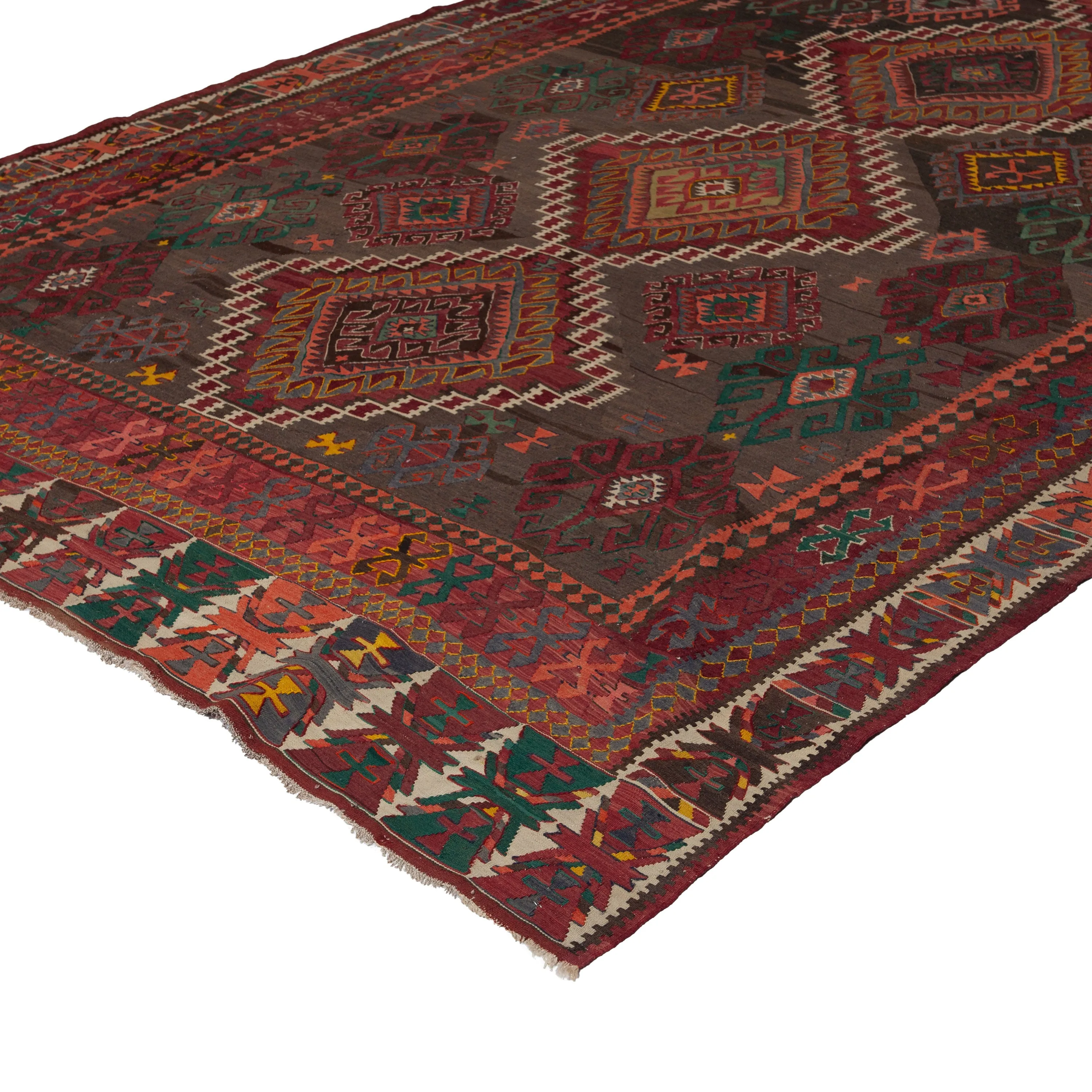 Red & Green Vintage Flatweave Anatolian Wool Rug - 6'8" x 9'11"