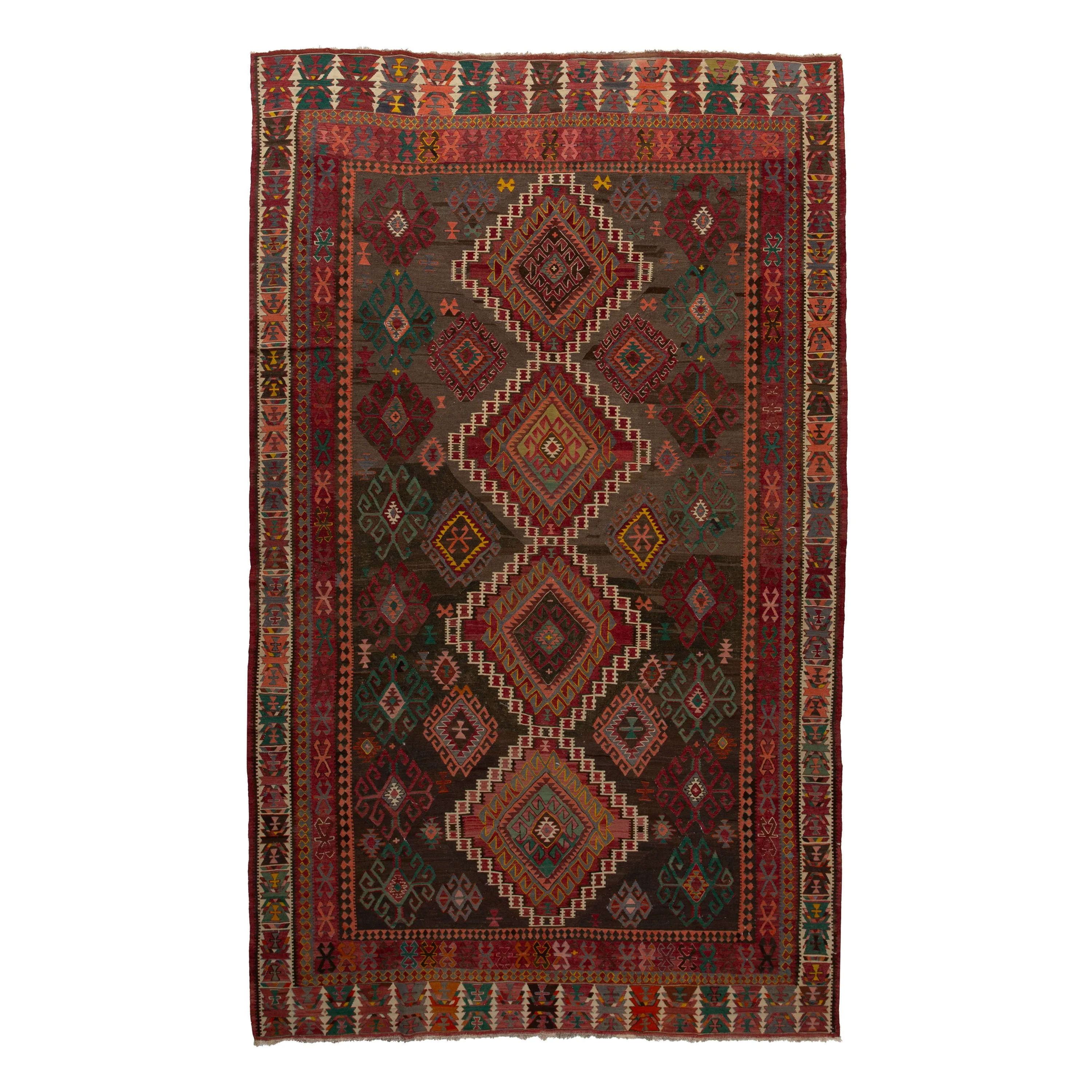 Red & Green Vintage Flatweave Anatolian Wool Rug - 6'8" x 9'11"