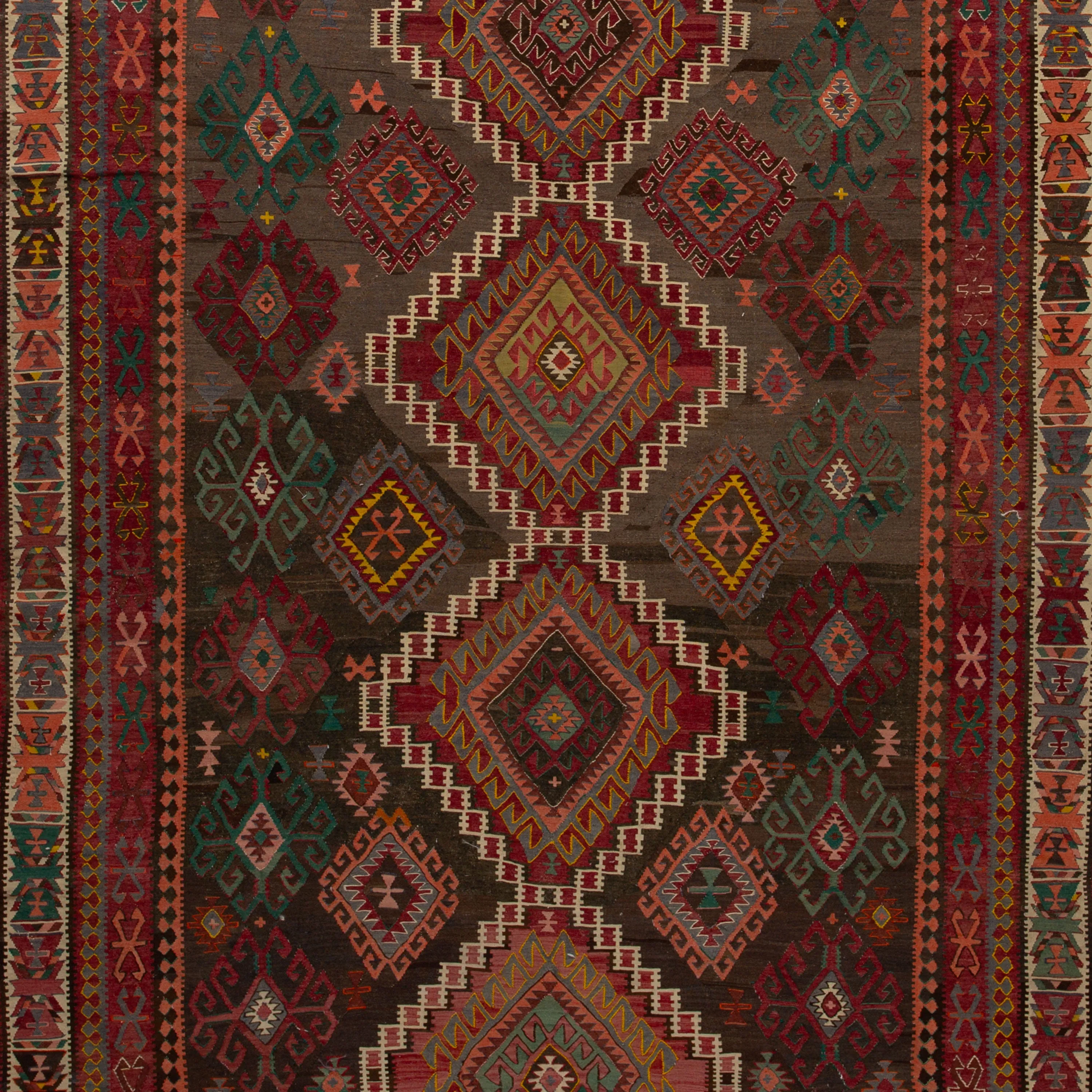 Red & Green Vintage Flatweave Anatolian Wool Rug - 6'8" x 9'11"