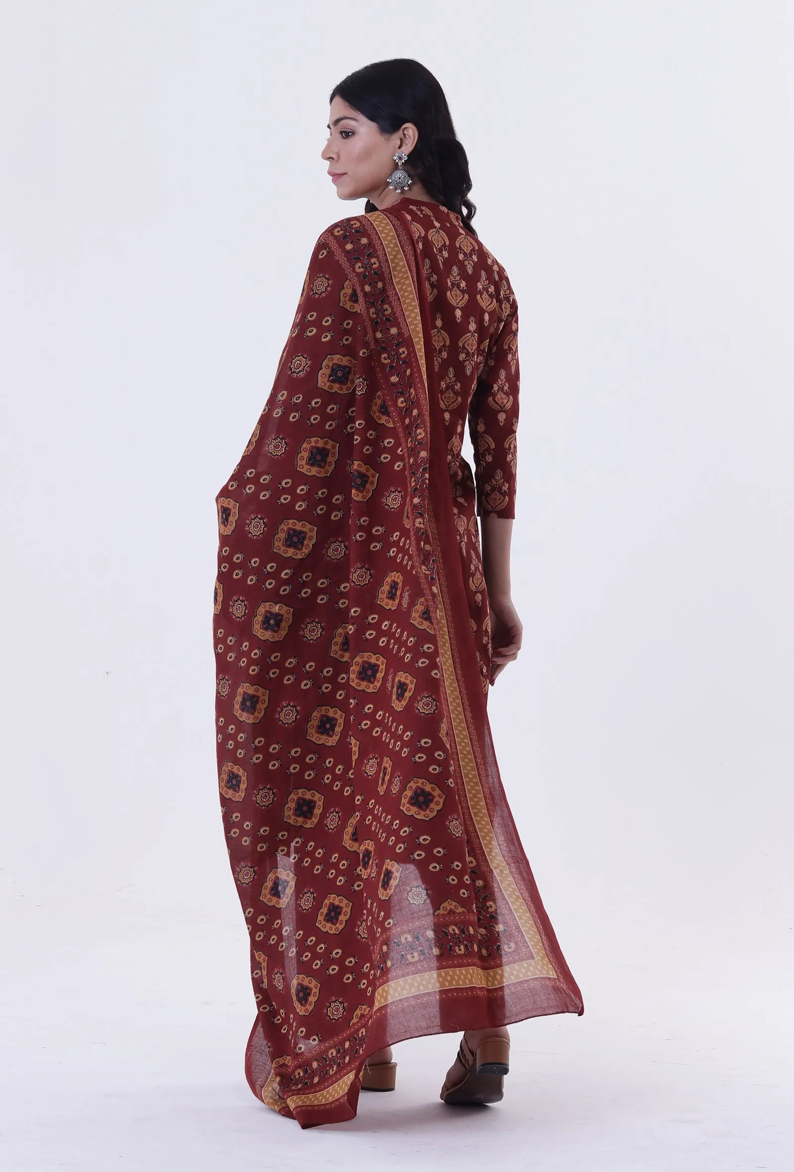 Red & Multicolor Cotton Block Printed Dupatta