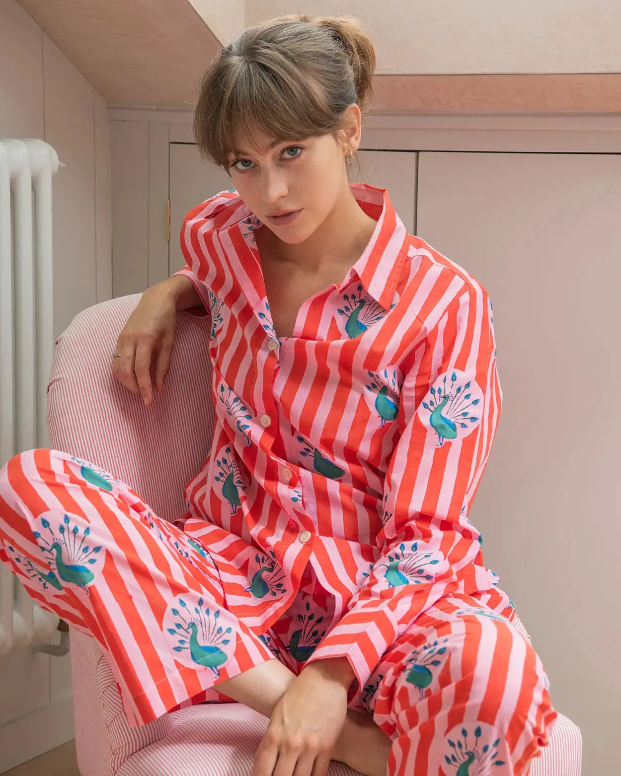 Red & Pink Stripe Peacock Women's Pyjama Trouser Set