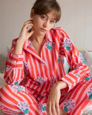 Red & Pink Stripe Peacock Women's Pyjama Trouser Set