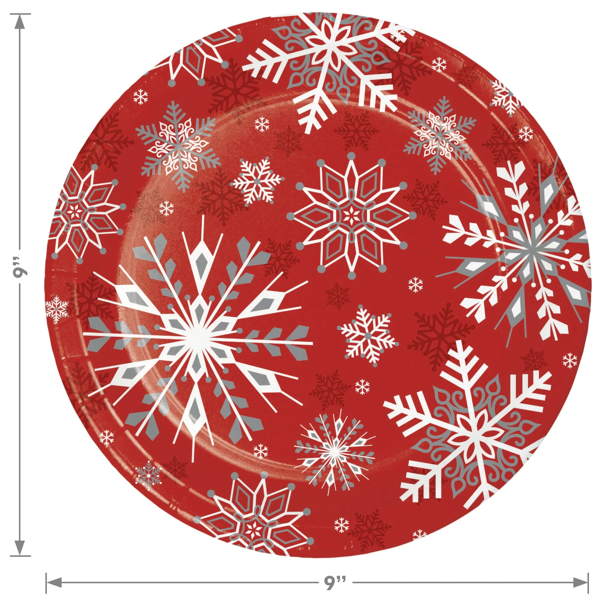 Red & Silver Snowflake Winter and Christmas Party Paper Dinner Plates, Napkins, and Forks (Serves 16)