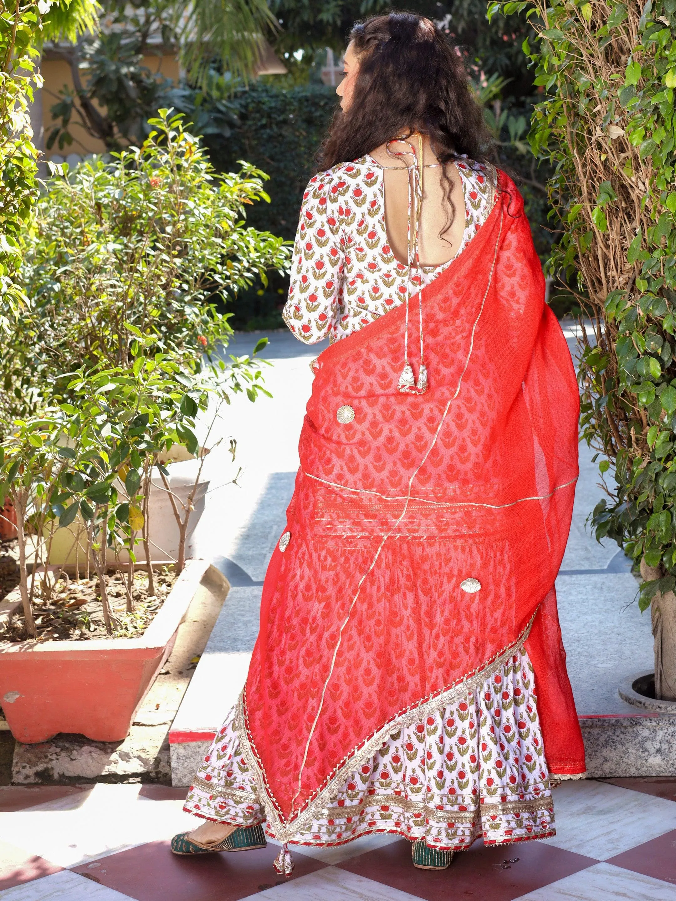 Red & White Cotton Dabu Printed Kurta Sharara Set With Kota Doria Dupatta