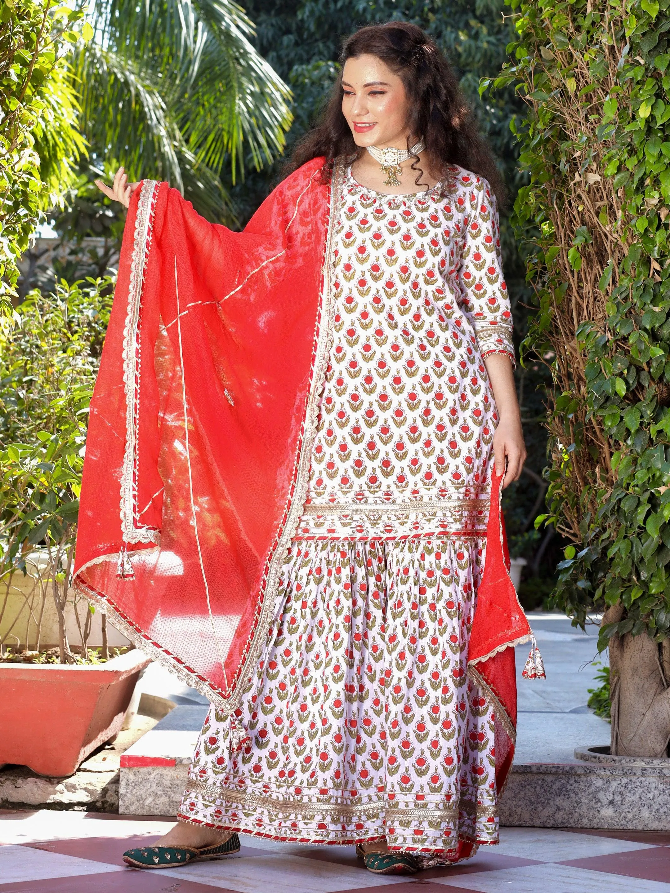 Red & White Cotton Dabu Printed Kurta Sharara Set With Kota Doria Dupatta