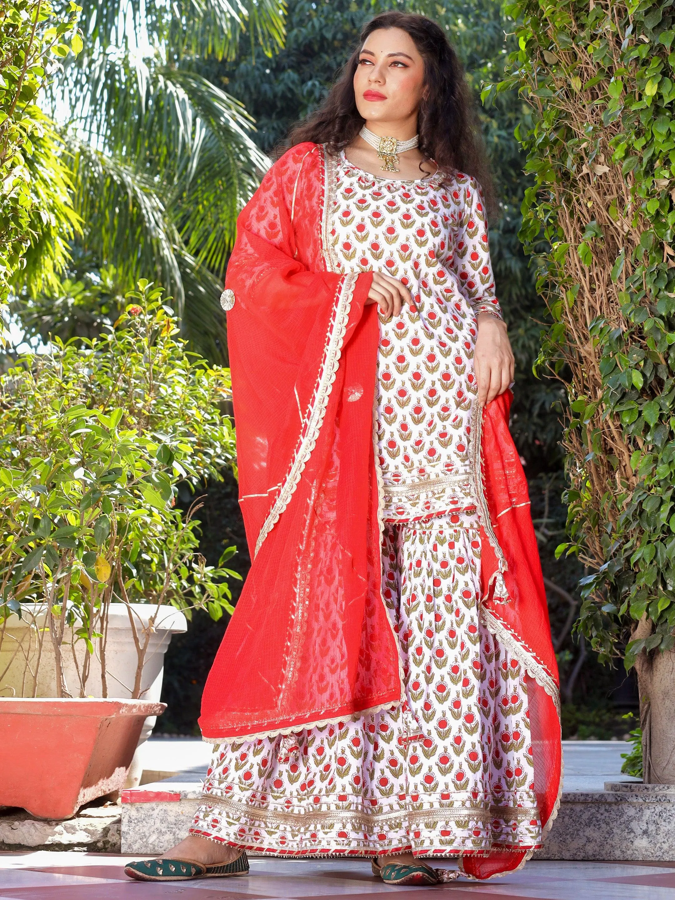 Red & White Cotton Dabu Printed Kurta Sharara Set With Kota Doria Dupatta