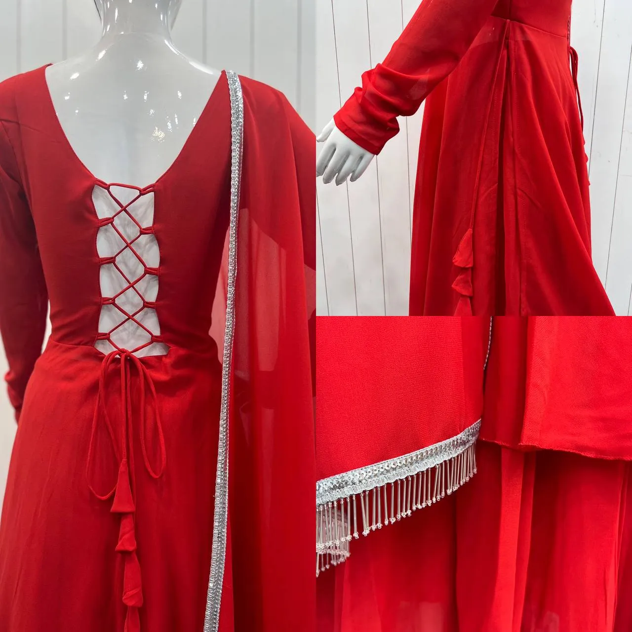 Red Anarkali Gown Pant Set With Dupatta, Indian traditional Solid Color Gown Dupatta Set for Women And Girls Weddings, Readymade Dresses