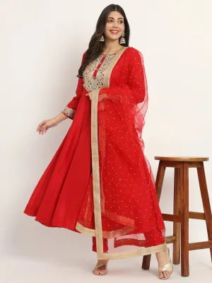 Red Anarkali Suit Set With Net Dupatta