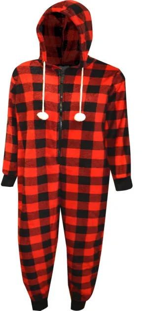 Red and Black Buffalo Plaid Print Plus Size Hooded Onesie