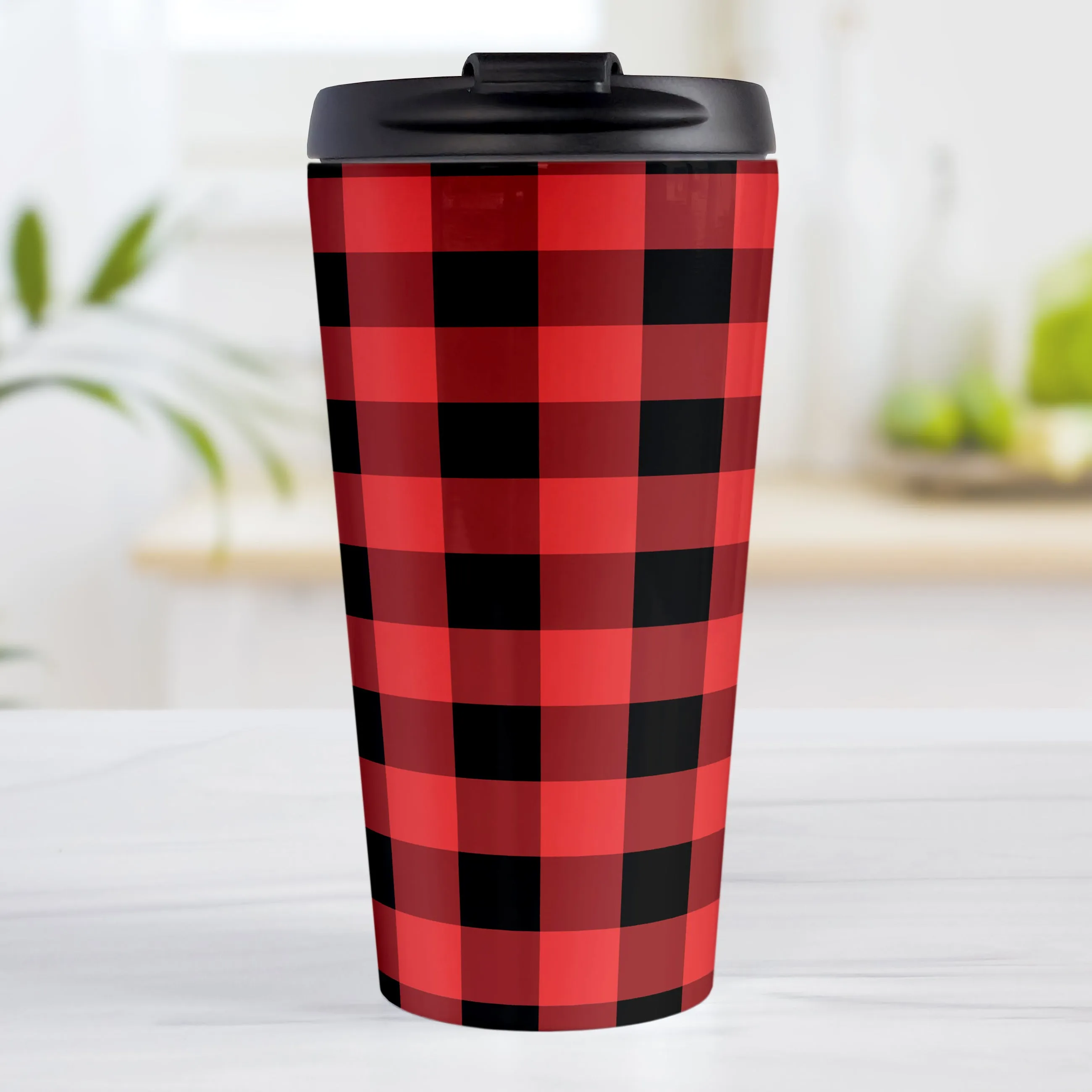 Red and Black Buffalo Plaid Travel Mug