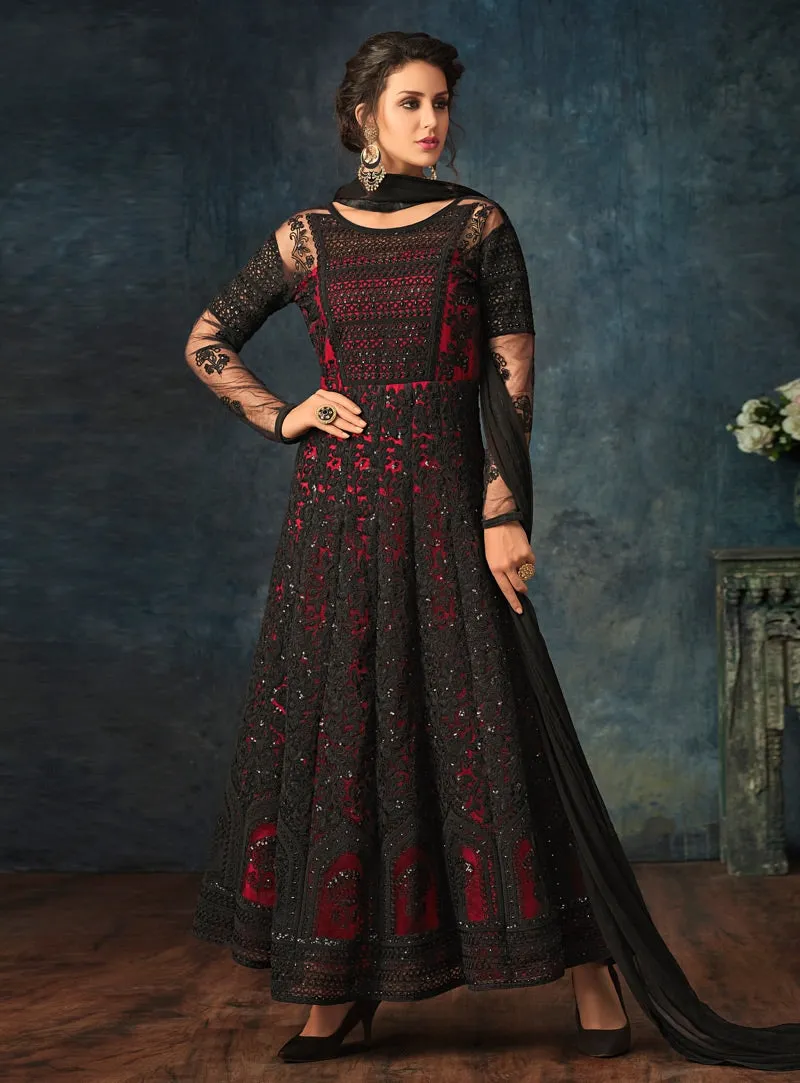 Red And Black Embroidered Flared Anarkali Suit