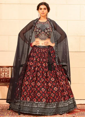 Red And Black Handwork Embroidery Georgette Lehenga Choli