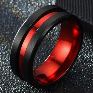 Red And Black Matte Finish Beveled Grooved Wedding Band  Rings For Men