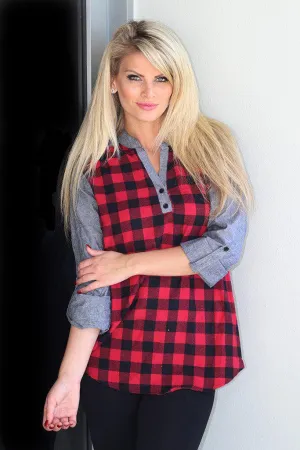 Red And Black Plaid Top With Gray Sleeves