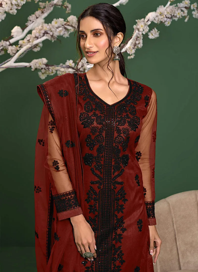 Red And Black Sequence Embroidered Pakistani Pant Suit