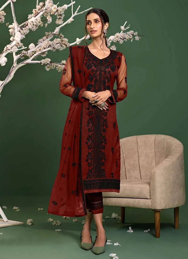 Red And Black Sequence Embroidered Pakistani Pant Suit