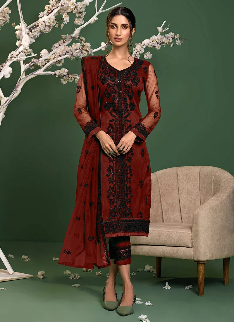 Red And Black Sequence Embroidered Pakistani Pant Suit