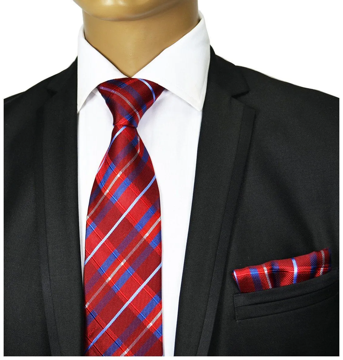 Red and Blue Plaid Silk Tie and Pocket Square