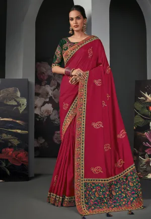 Red And Blue Traditional Embroidered Silk Saree