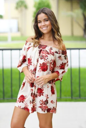 Red and Cream Floral Off Shoulder Short Dress