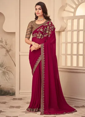 Red And Gold Embroidered Party Wear Georgette Saree