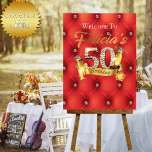 Red and gold welcome guest book canvas sign tufted