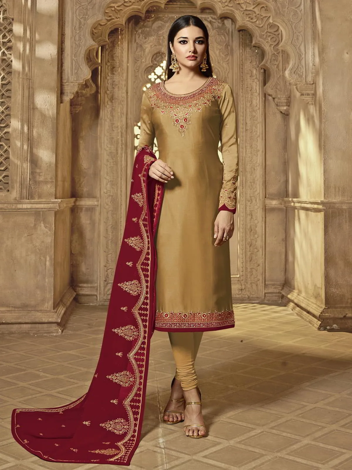 Red And Golden Embroidered Party Wear Lehenga Suit