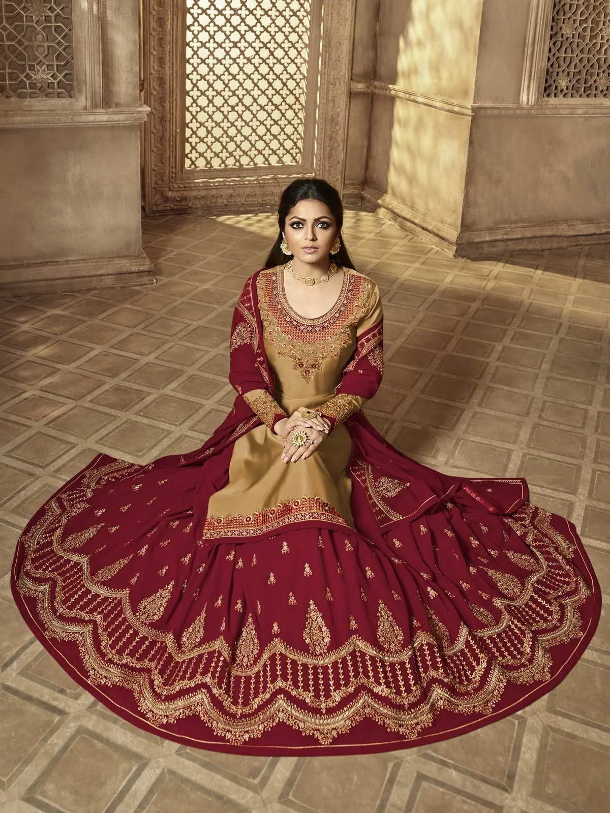 Red And Golden Embroidered Party Wear Lehenga Suit