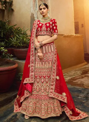 Red And Golden Multi Embroidered Wedding Lehenga Choli