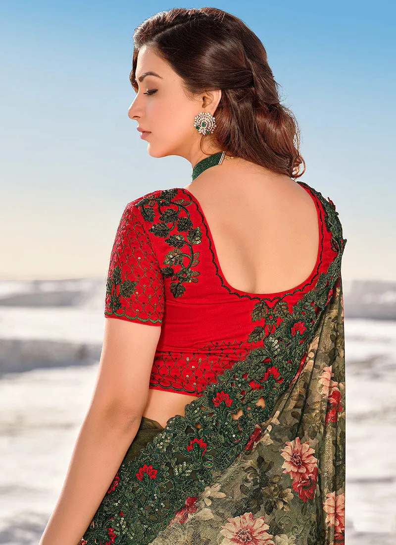 Red And Green Cutwork Embroidered Indian Designer Saree