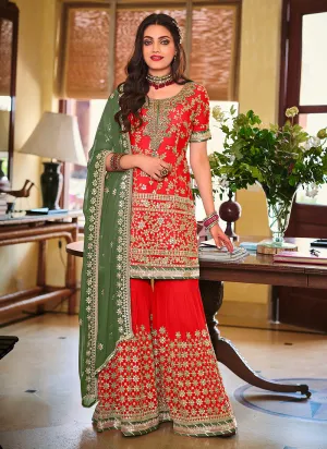 Red And Green Golden Embroidered Wedding Sharara Suit