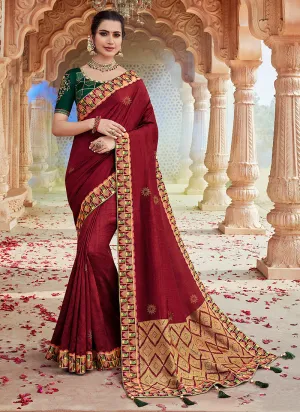 Red And Green Multi Embroidered Saree