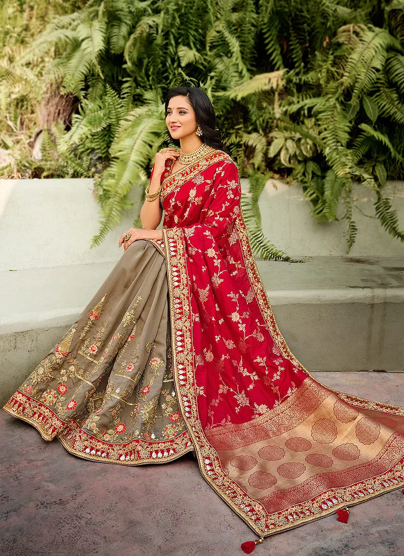 Red And Grey Embroidered Silk Saree