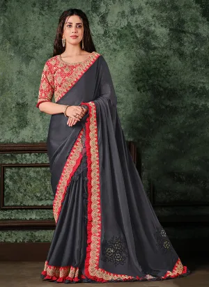 Red And Grey Multi Embroidered Designer Saree