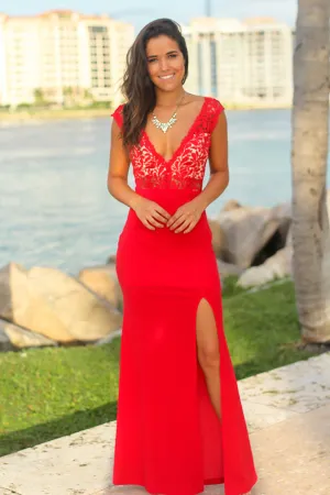 Red and Nude Maxi Dress with Crochet Top and Side Slit