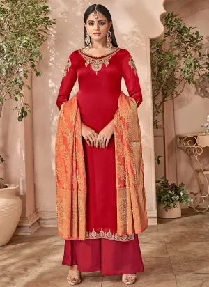 Red And Orange Combination Embroidered Palazzo Suit